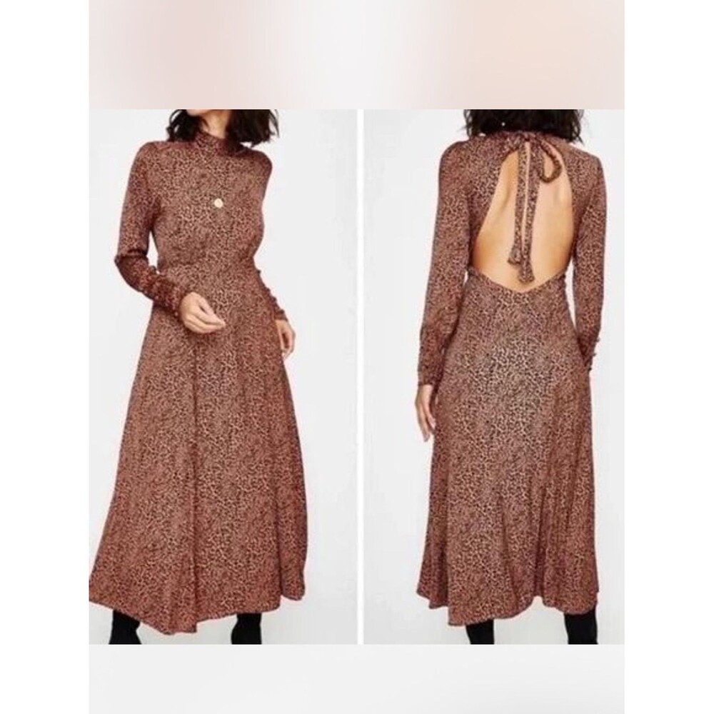Free people loveless leopard midi dress brown black cheetah print open back sz 0